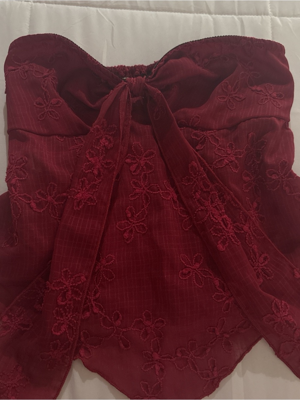 Strapless Embroidered Tie-Front Bustier Top - Deep Wine